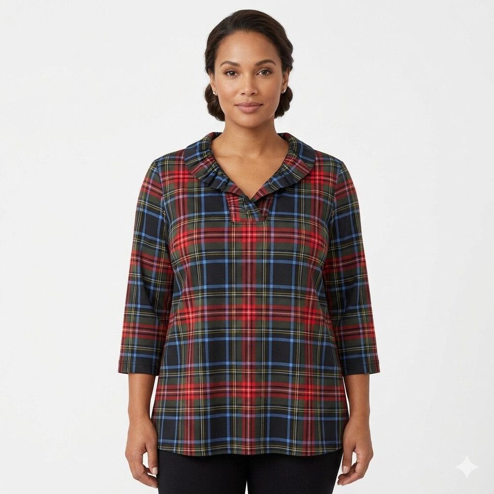 Ali Miles Tunic Blouse Womens Large Multicolor Plaid Collared 3/4 Sleeve Top